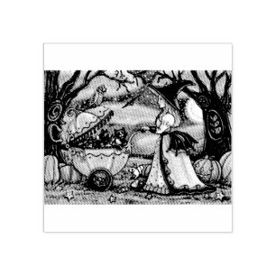 WITCH, BLACK CAT BABY BUGGY HALLOWEEN RUBBER STAMP