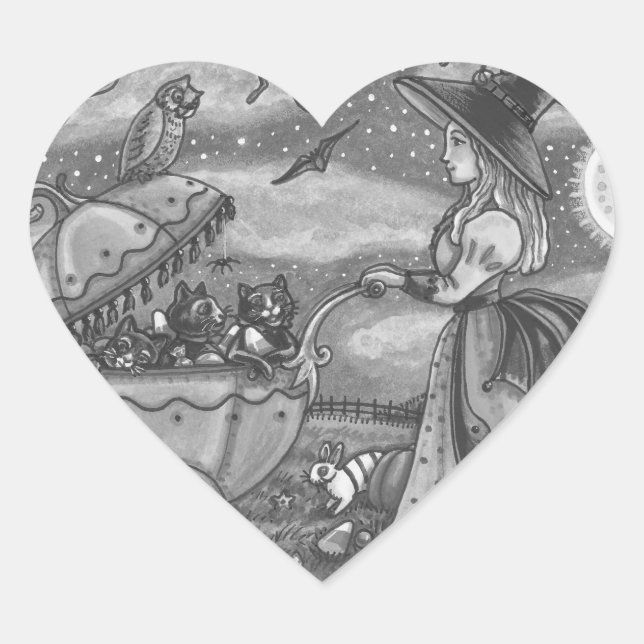 WITCH, BLACK CAT BUGGY GOTH STICKERS SHEET Heart (Front)