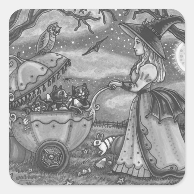 WITCH, BLACK CAT BUGGY GOTH STICKERS SHEET Square (Front)