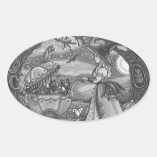 WITCH, BLACK CAT BUGGY GOTHIC STICKERS SHEET Oval