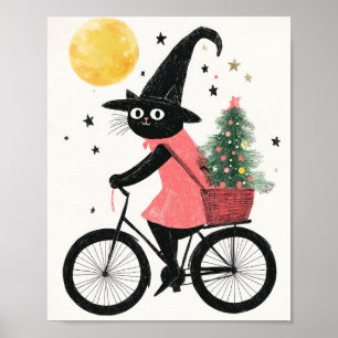 Witch Black Cat Cycling Cute and Spooky Christmas Poster