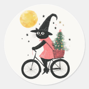 Witch Black Cat Cycling Quirky & Spooky Christmas Classic Round Sticker