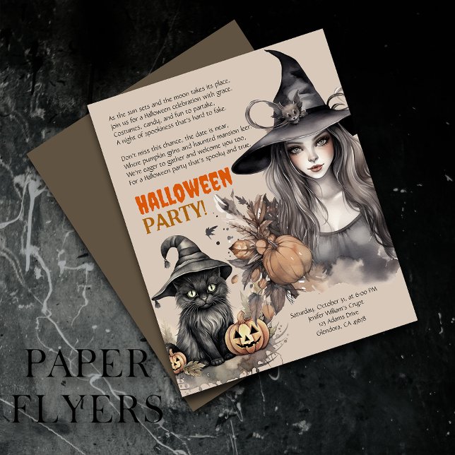 Witch Black Cat Halloween Party Poem Invitation Flyer (Inexpensive and ideal Halloween invitations, perfect for inviting guests to your party.)