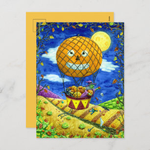 WITCH, BLACK CAT IN HOT AIR BALLOON FOLK ART HUMOR HOLIDAY POSTCARD