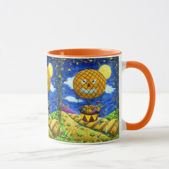 WITCH, BLACK CAT IN HOT AIR BALLOON FOLK ART HUMOR MUG (Right)
