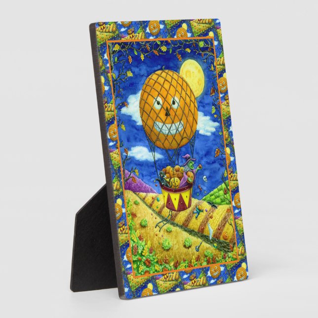 WITCH, BLACK CAT IN HOT AIR BALLOON FOLK ART HUMOR PLAQUE (Side)