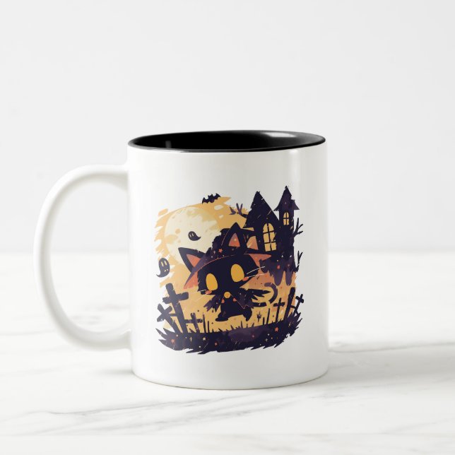 Witch Black Cat on Halloween Night Two-Tone Coffee Mug (Left)