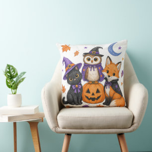 Witch Black Cat Owl Fox Pumpkin Art Throw Pillow