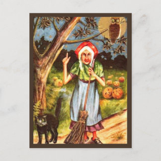 Witch, Black Cat & Owl - Vintage Halloween Postcard