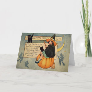 Witch Black Cat Pumpkin Crescent Moon Card