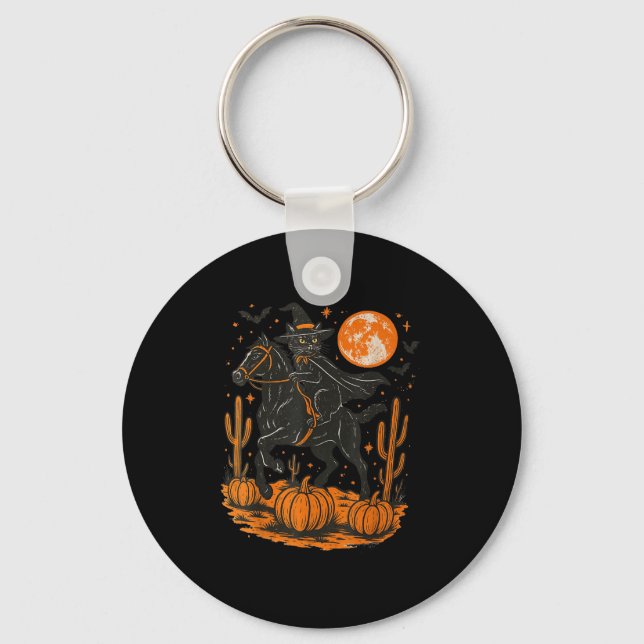Witch Black Cat Riding Horse Halloween Pumpkin Moo Keychain (Front)