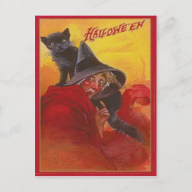 Witch Black Cat Vintage Halloween Postcard (Front)