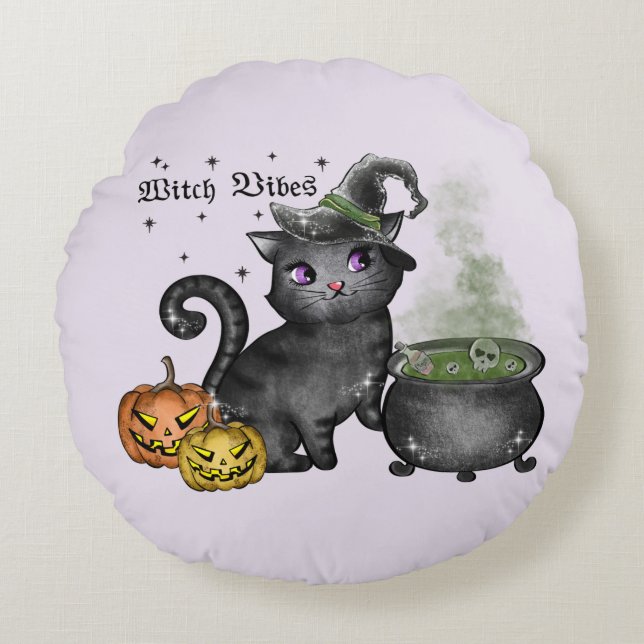 Witch Black Cat | Witch Vibes Round Pillow (Front)
