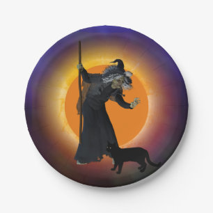 Witch & Black Cat with Orange Moon Paper Plate