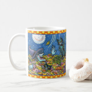 WITCH & BLACK CATS RAKING LEAVES, FUNNY HALLOWEEN COFFEE MUG