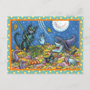WITCH & BLACK CATS RAKING LEAVES, FUNNY HALLOWEEN POSTCARD