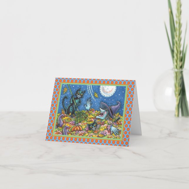 WITCH & BLACK CATS RAKING LEAVES HALLOWEEN CARD (Front)