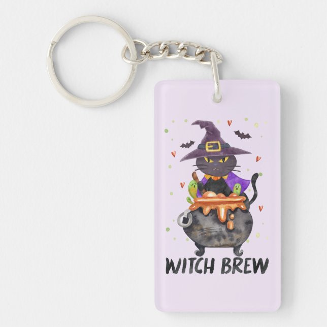 Witch Brew – Halloween Witch Cat in a Cauldron Keychain (Front)