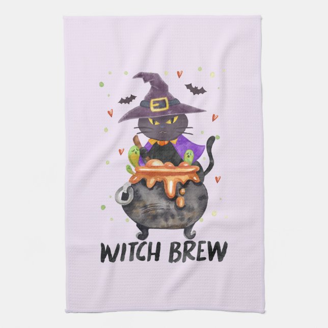 Witch Brew – Halloween Witch Cat in a Cauldron Kitchen Towel (Vertical)