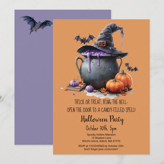 Witch Brew Trick or Treat Pumpkins Halloween Party Invitation (Front/Back)