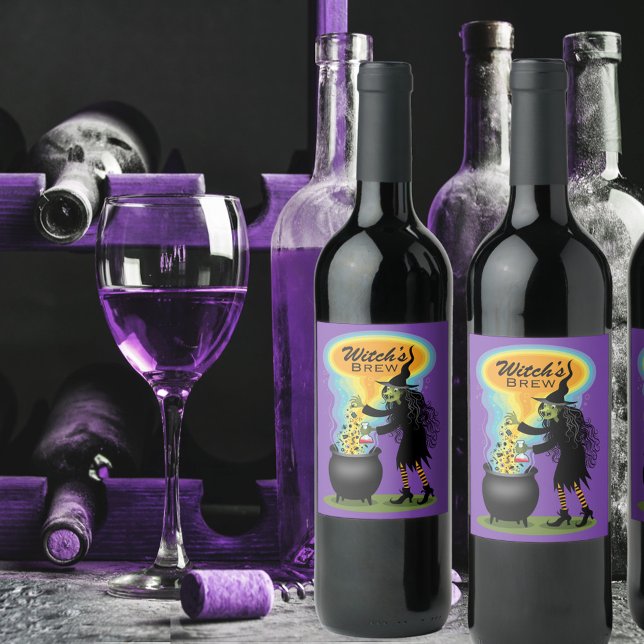 Witch Brewing Bubbling Potion In Cauldron Wine Label (Creator Uploaded)