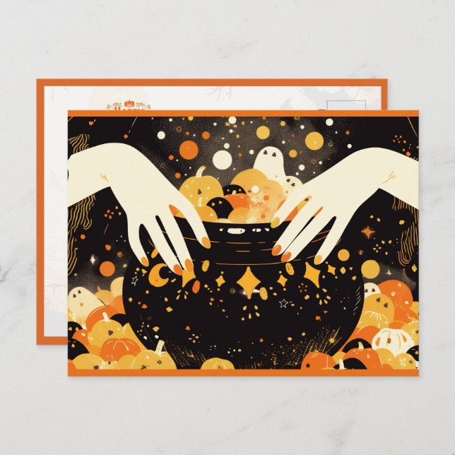Witch Brewing Magic in Halloween Cauldron Holiday Postcard (Front/Back)