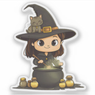 Witch Brewing Potion with Kitty on Hat