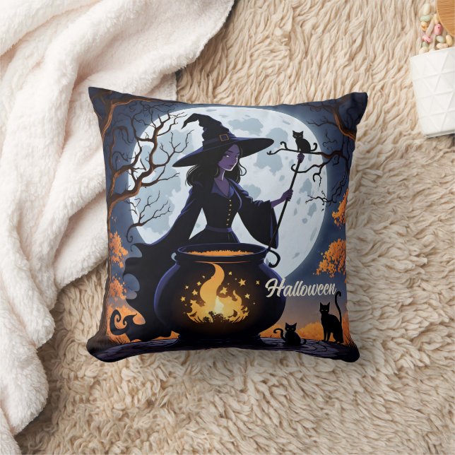 Witch brewing potions on a Halloween night Throw Pillow (Blanket)