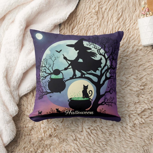 Witch brewing potions on Halloween night Throw Pillow (Blanket)