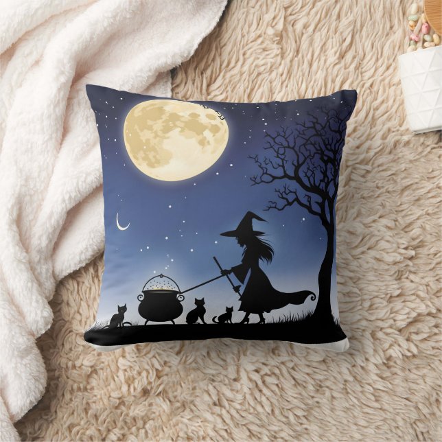 Witch brewing potions under a full moon at night throw pillow (Blanket)
