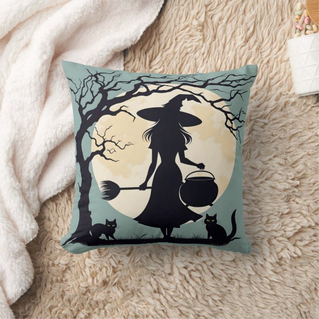 Witch brewing potions under the full moonlight throw pillow (Blanket)