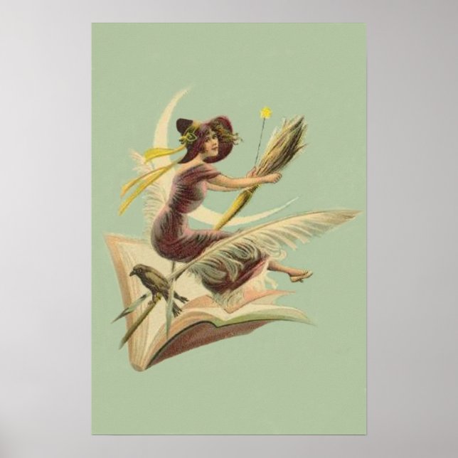 Witch Broom Crescent Moon Book Raven Poster (Front)