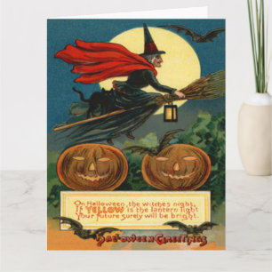 Witch Broom Flying Black Cat Bat Card