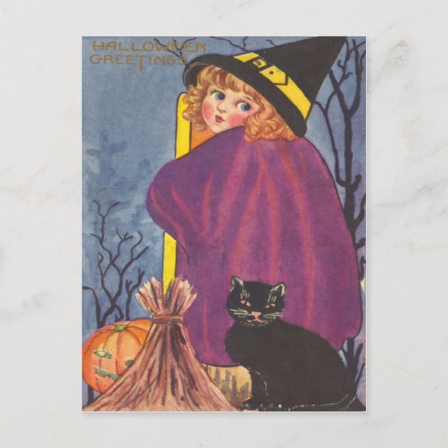 Witch Broom Jack O Lantern Black Cat Trees Postcard (Front)
