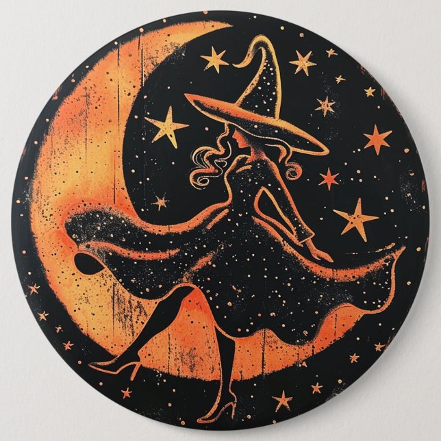 Witch button in orange and black moon and stars (Front)