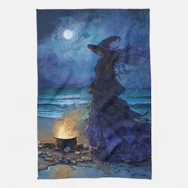 Witch by the Moonlit Sea Kitchen Towel (Vertical)