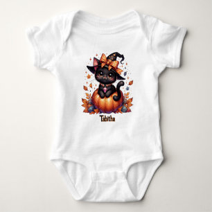 Witch Cat Add Baby's Name Cute Halloween Baby Bodysuit