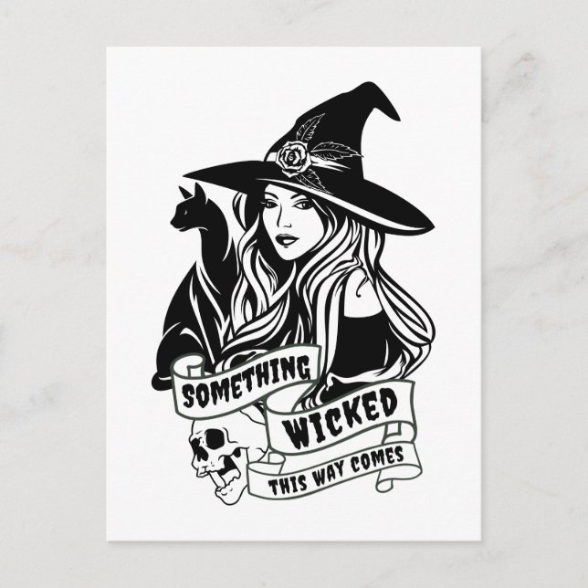 Witch Cat and Skulls Wicked Postcard (Front)