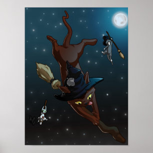 Witch Cat Apprentices   Flying Practice Poster