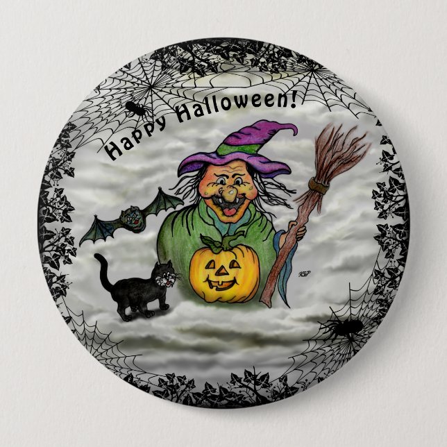 Witch , Cat , Bat and Pumpkin , Happy Halloween ! 4 Inch Round Button (Front)