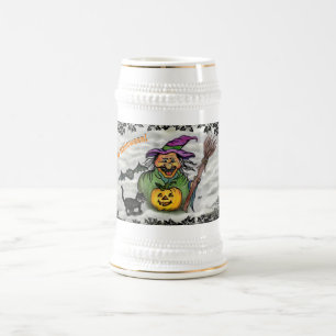 Witch , Cat , Bat and Pumpkin , Happy Halloween ! Beer Stein