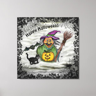 Witch , Cat , Bat and Pumpkin , Happy Halloween ! Canvas Print