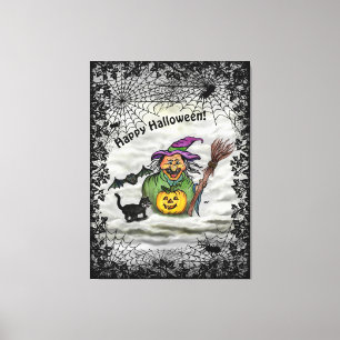 Witch , Cat , Bat and Pumpkin , Happy Halloween ! Canvas Print