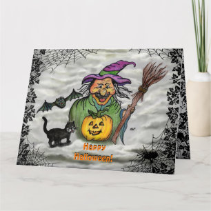 Witch , Cat , Bat and Pumpkin , Happy Halloween ! Card