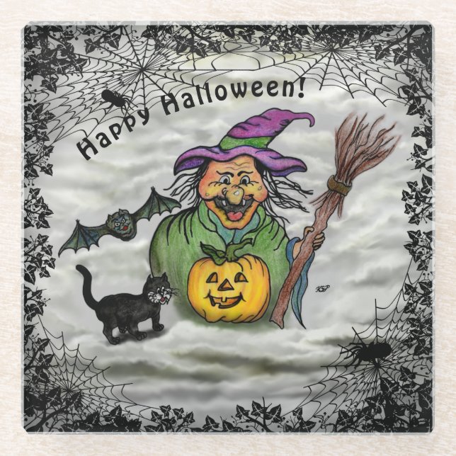 Witch , Cat , Bat and Pumpkin , Happy Halloween ! Glass Coaster (Front)