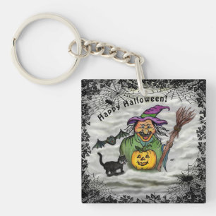 Witch , Cat , Bat and Pumpkin , Happy Halloween ! Keychain