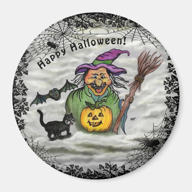 Witch , Cat , Bat and Pumpkin , Happy Halloween ! Magnet (Front)