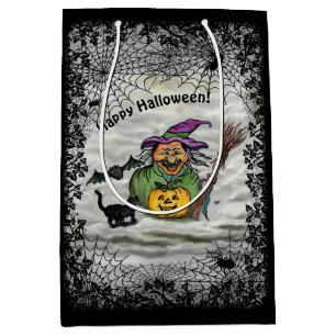 Witch , Cat , Bat and Pumpkin , Happy Halloween ! Medium Gift Bag