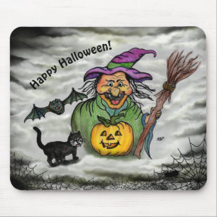 Witch , Cat , Bat and Pumpkin , Happy Halloween ! Mouse Pad