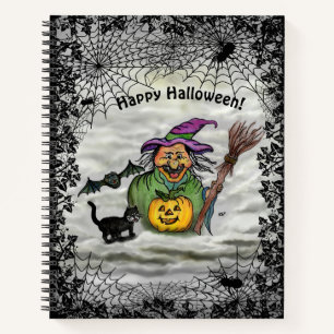 Witch , Cat , Bat and Pumpkin , Happy Halloween ! Notebook